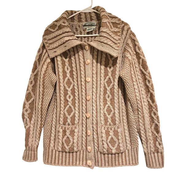 Aran Crafts Ireland Merino Wool 2-Tone Collared Cable Fisherman Knit Cardigan M - Picture 1 of 7